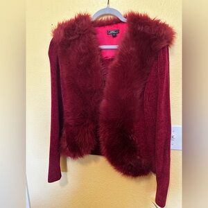 Lisa International Red Cardigan with Faux Fur Trim
